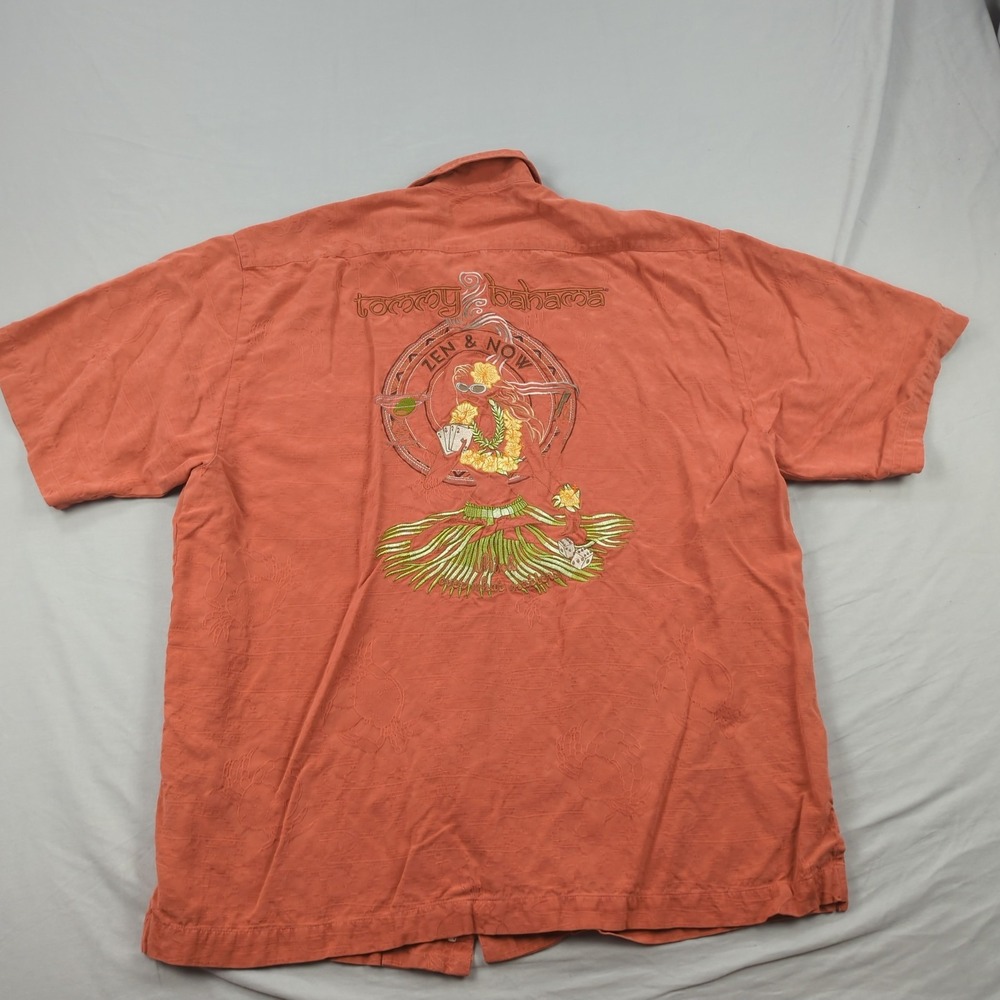 Tommy Bahama Shirt Mens Large Orange Silk Zen & Now Hula Girl Embroidered